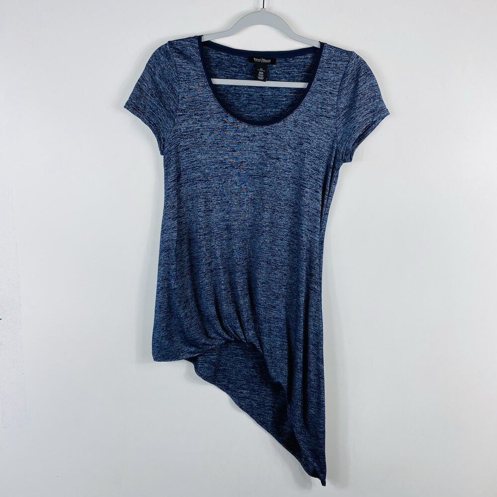 White House Black Market Top XS Navy Blue Asymmetric Tuck-Hem Tee Short Sleeve